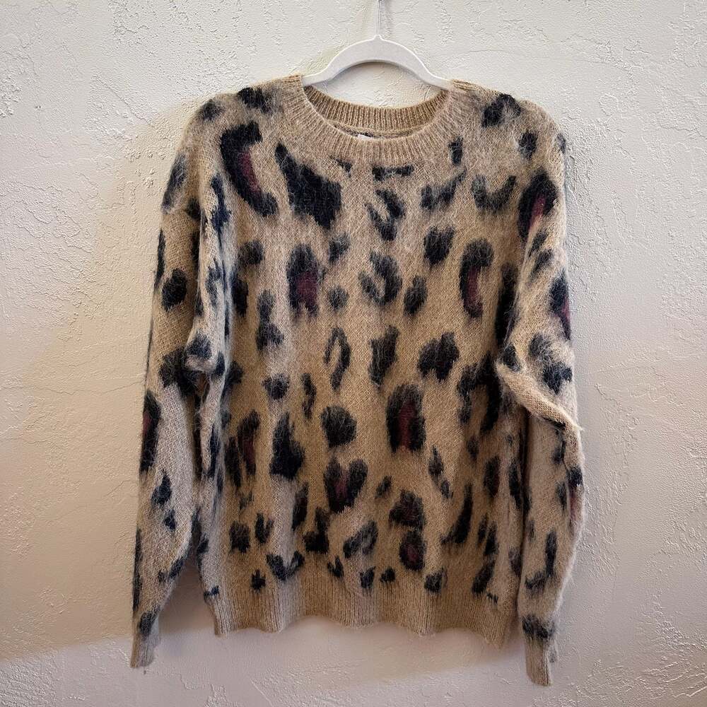 OXKNIT Fuzzy Leopard Print Crewneck Sweater
